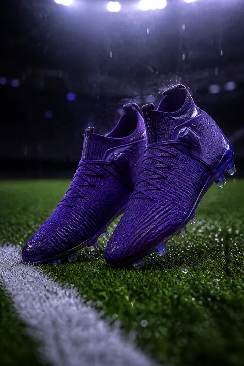 Purple Football Cleats on a Rainy Field