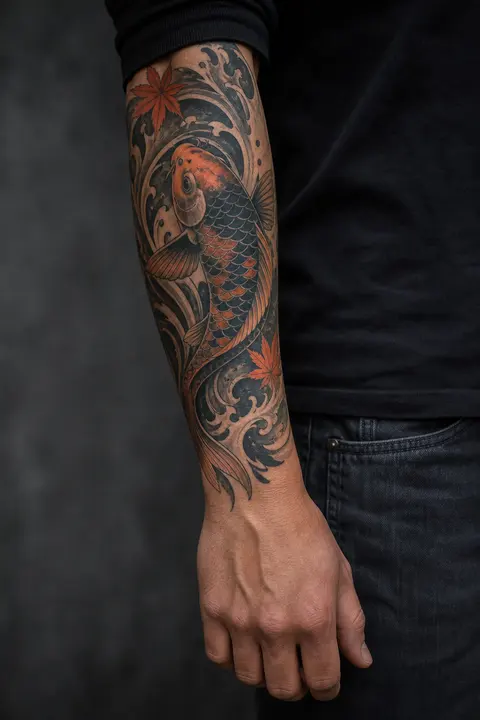Koi and Wave Full Forearm Tattoo
