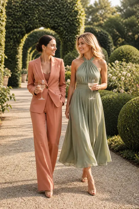 Coral Suit and Sage Gown for a Garden Party