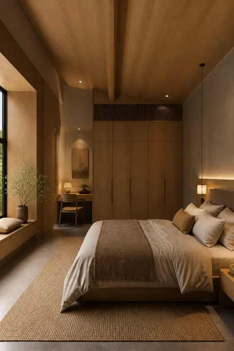 Warm Japandi Bedroom Featuring Wardrobe and Ambient Light