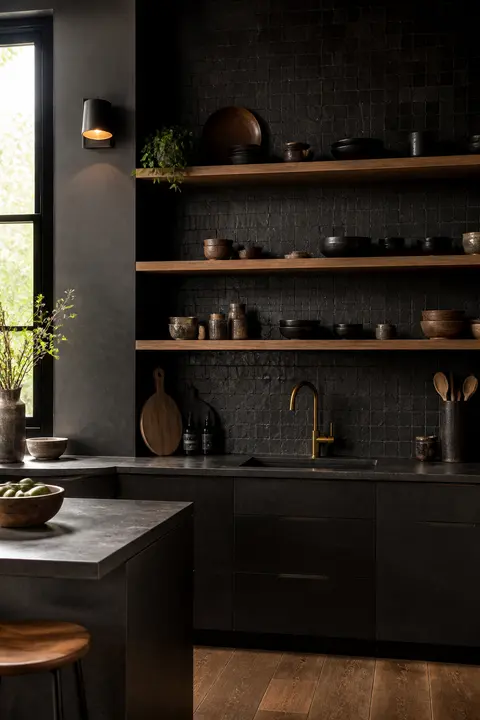 Black Stone Kitchen Featuring Open Shelves and Backsplash