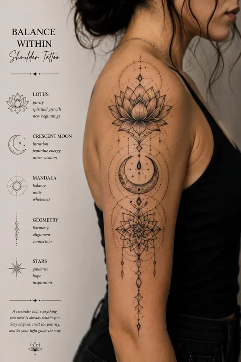 Lotus and Crescent Moon Geometric Shoulder Tattoo