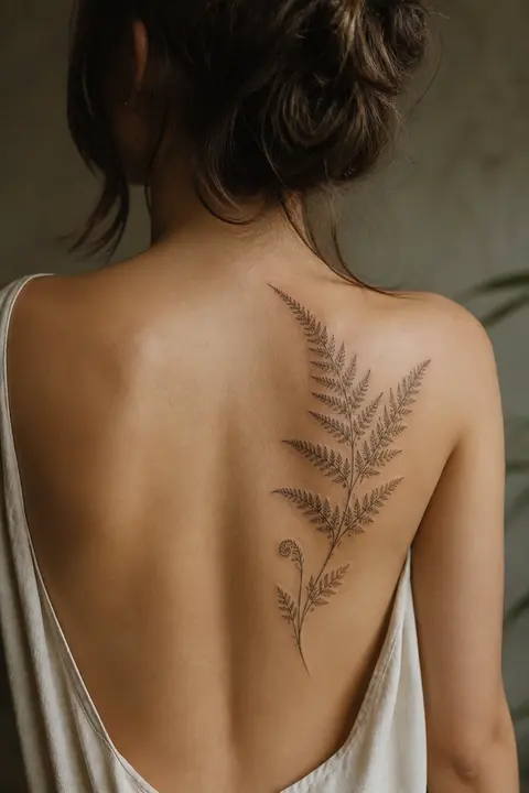 Fine-line Botanical Fern Tattoo: Shoulder Blade Placement