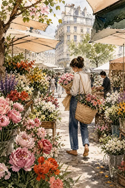 Marketplace Filled with Flowers in Ink and Watercolor