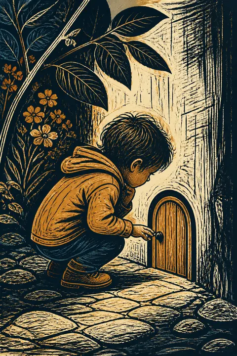 Child Discovering a Tiny Door — Linocut Print