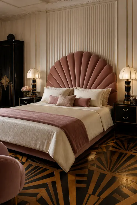 Blush Art Deco Bedroom with Fan Headboard