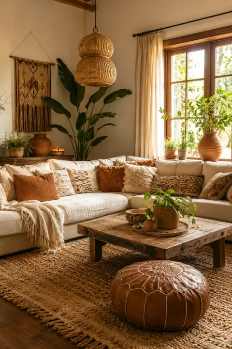 Sunlit Boho Living Room with Terracotta Accents