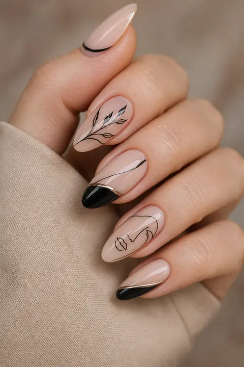 Black Line Art on Nude for Long Oval Nails