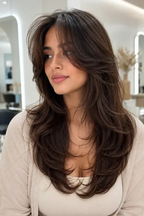 Long Brunette Butterfly Cut With Curtain Bangs