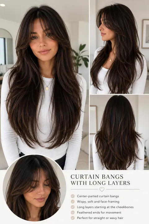 Long Brunette Hair with Wispy Curtain Bangs