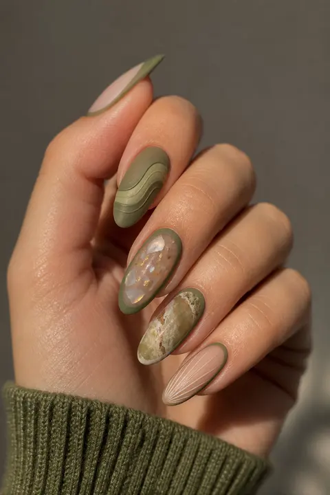 Matte Olive Contour for Long Oval Nails
