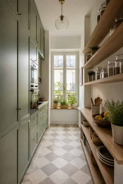 Narrow Sage Galley Kitchen with Open Shelves