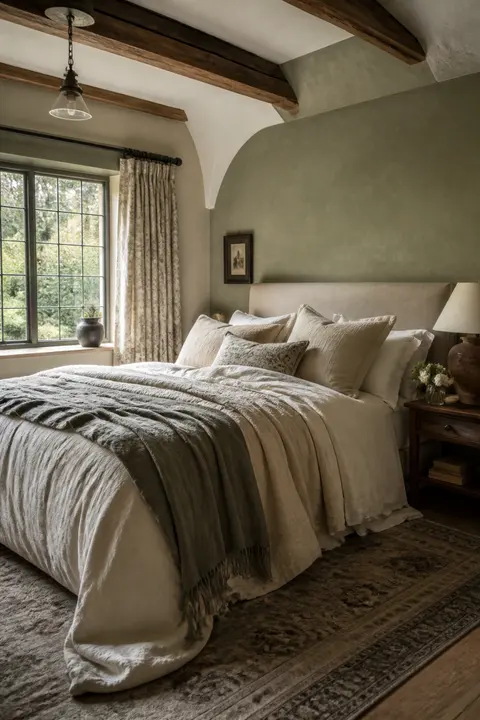 English Cottage Bedroom: Linen Bedding and Rug