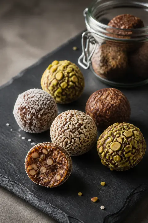 Cocoa Date Energy Bites with Nut Coatings