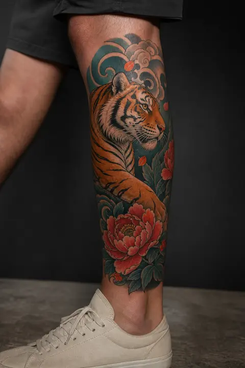 Neo-Traditional Tiger Calf Tattoo