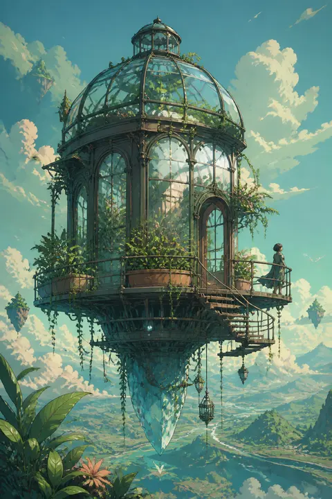Surreal Floating Greenhouse — Cel-Shaded Art