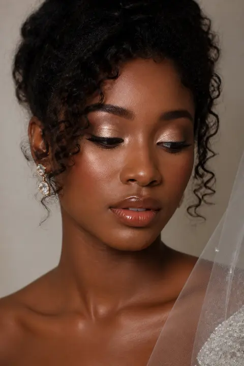 Champagne Bridal Eye on Deep Skin and Curls