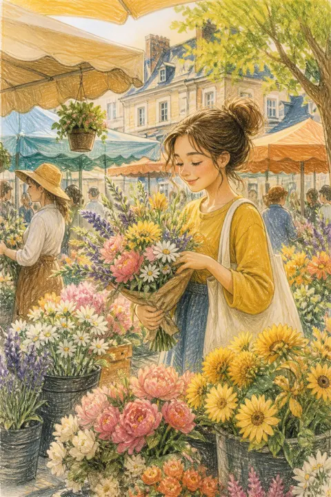 Marketplace Filled with Flowers in Colored Pencil