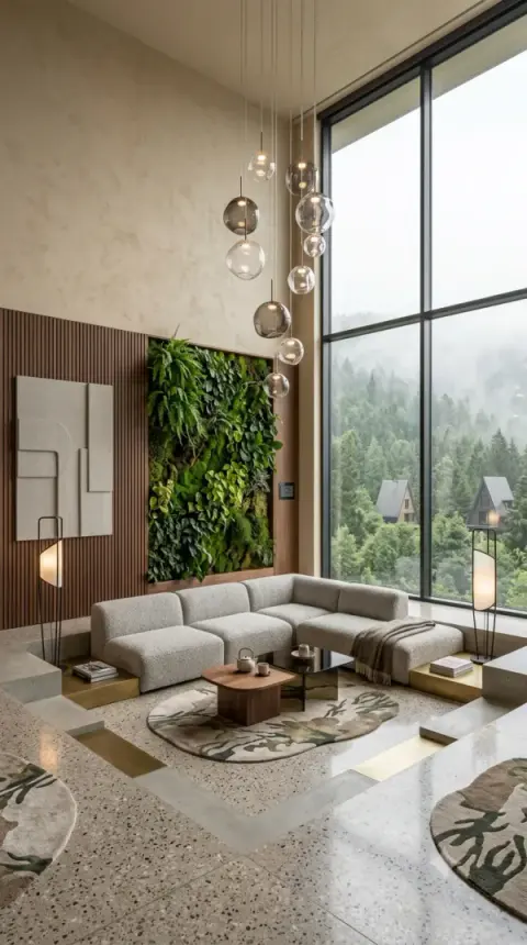 Moss Wall Living Room With Misty Forest View