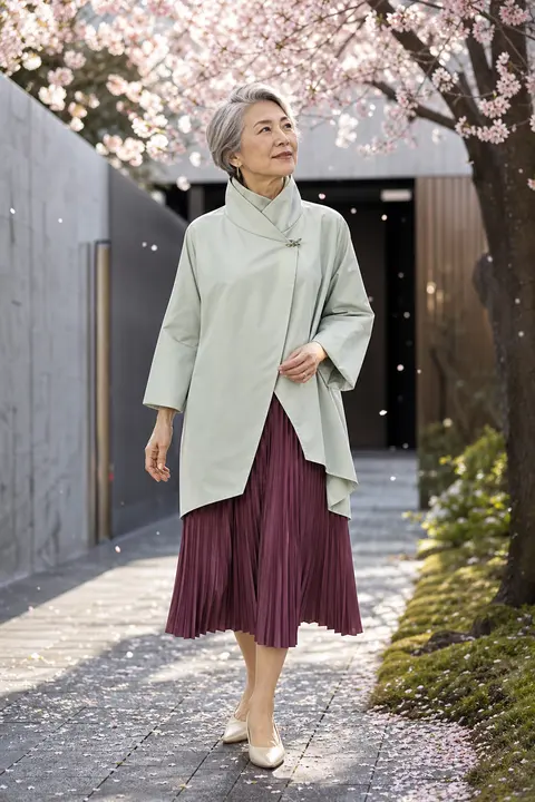 Celadon Jacket with a Plum Pleated Skirt