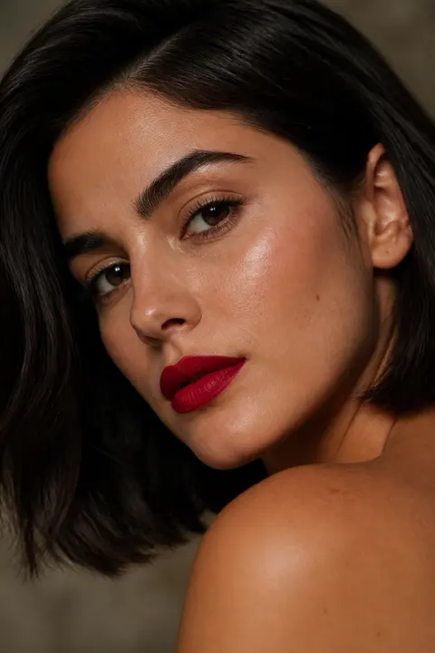 Red Lip & Luminous Skin: Olive Skin and Dark Bob