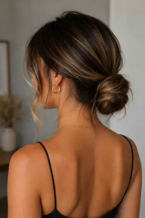 Textured Brunette Low Bun With Caramel Highlights