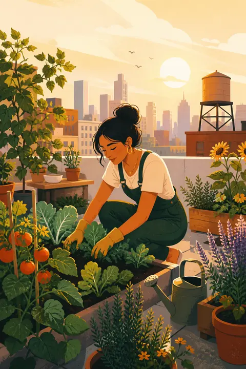 Woman Tending a Rooftop Garden, Textured Flat Art