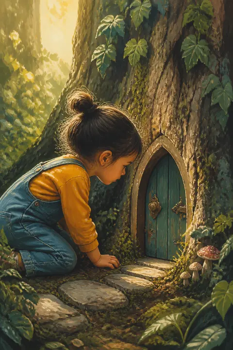 Child Discovering a Tiny Door in Gouache