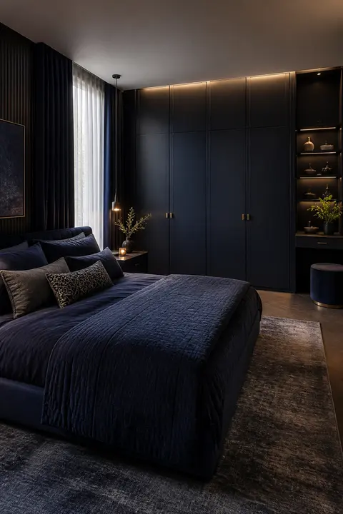 Moody Navy Bedroom Featuring Wardrobe and Ambient Light