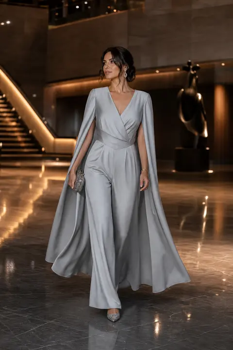 Silver Silk Jumpsuit with Cape Sleeves