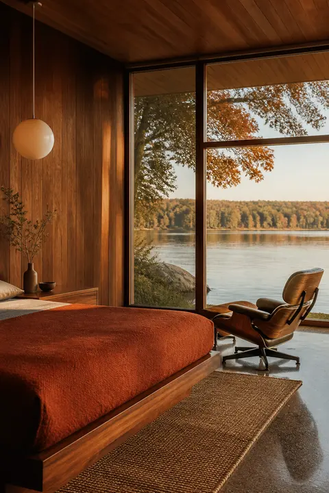 Midcentury Bedroom with Autumn Lake View