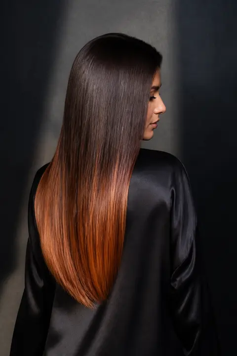 Straight Brunette Hair with Copper Ombré Ends