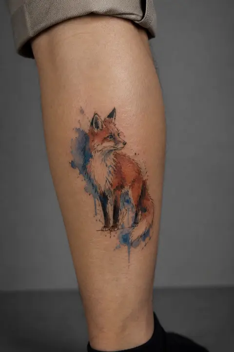 Watercolor Fox Tattoo with Blue Ink Splashes