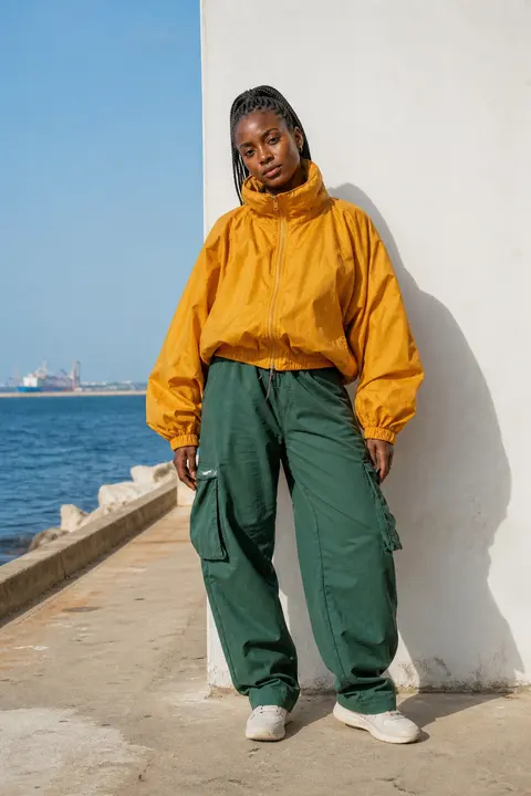 Mustard Windbreaker with Green Cargo Pants