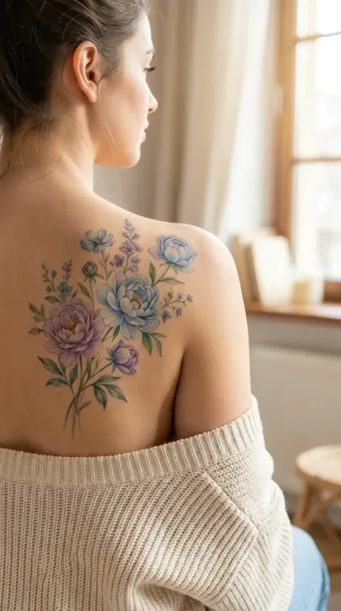Watercolor Peony Shoulder Tattoo