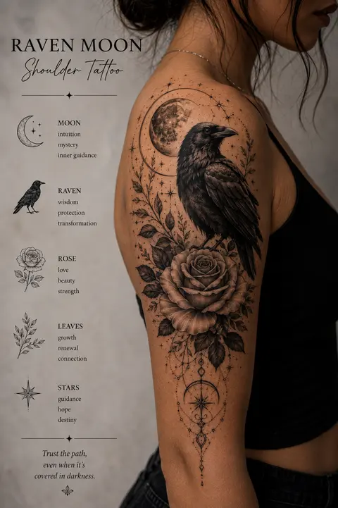 Raven and Rose Shoulder Tattoo Beneath the Moon