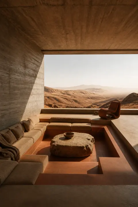 Brutalist Desert Lounge with Sunken Seating