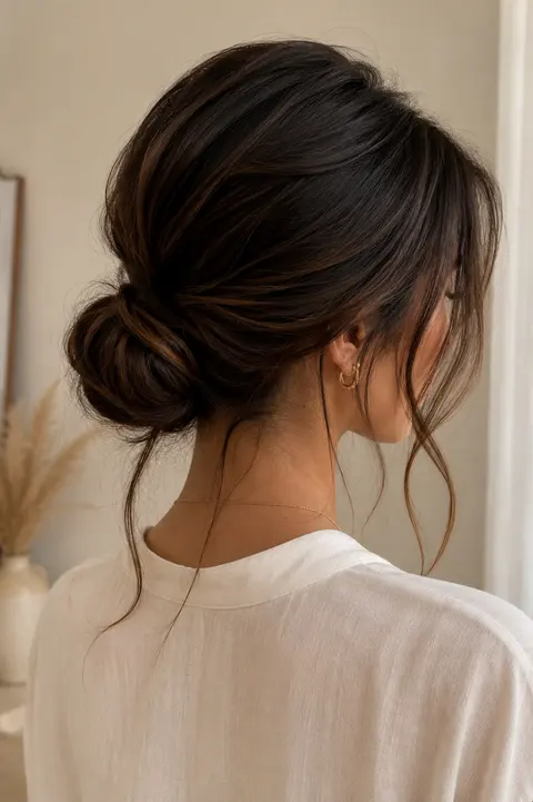 Soft Low Bun with Face-Framing Strands for Brunettes
