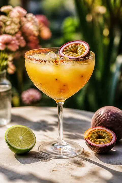 Sunlit Garden Table with Passion Fruit Mezcal Margarita