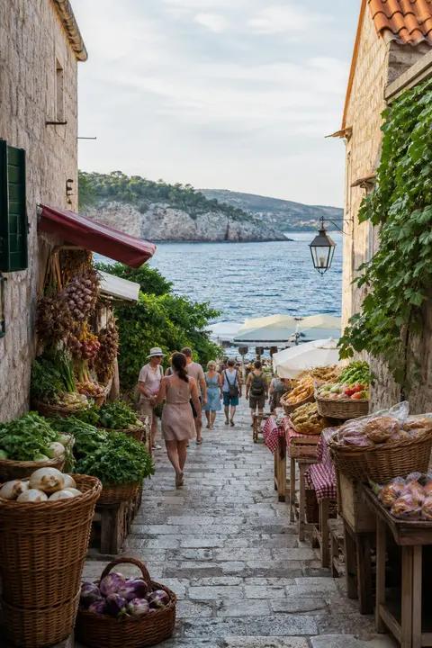 Dubrovnik Stone Lane by Sea on Market Day