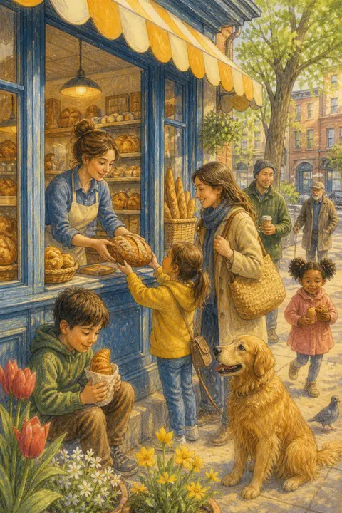 Colored Pencil: Busy Neighborhood Bakery Morning