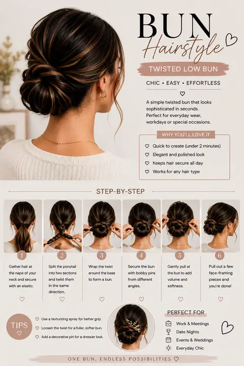 Twisted Low Bun Hairstyle with Soft Face-Framing Pieces