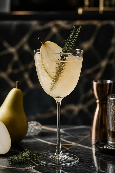 Pear and Thyme Fizz at a Moody Marble Bar
