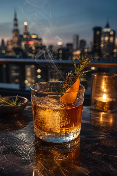 Blue-Hour Rooftop Smoked Rosemary Old Fashioned