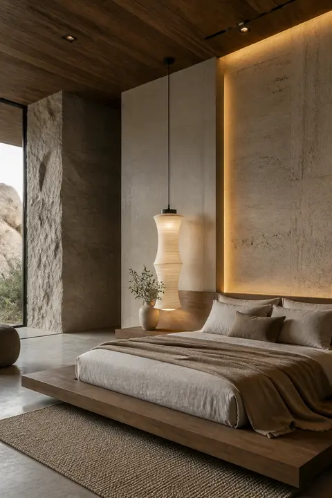 Quiet Luxury Bedroom with Platform Bed and Pendant