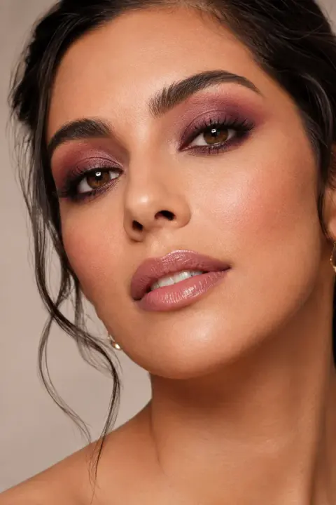 Mauve Evening Makeup with Soft Rose-Gloss Lips