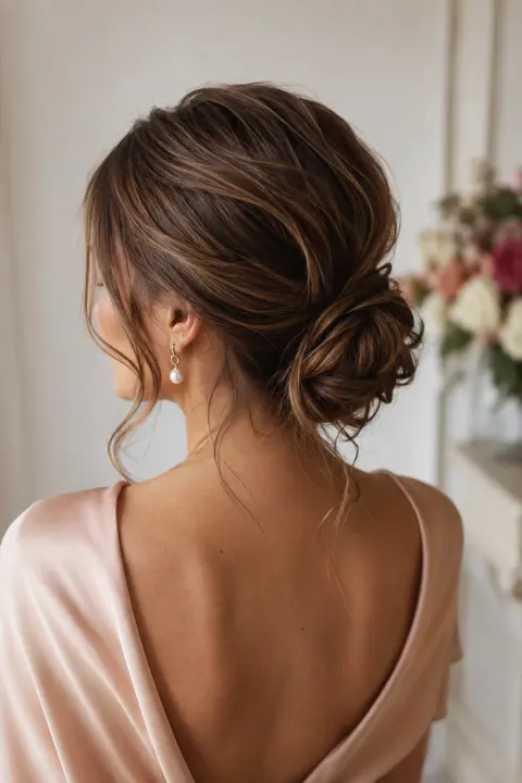 Romantic Low Chignon with Soft Caramel Highlights