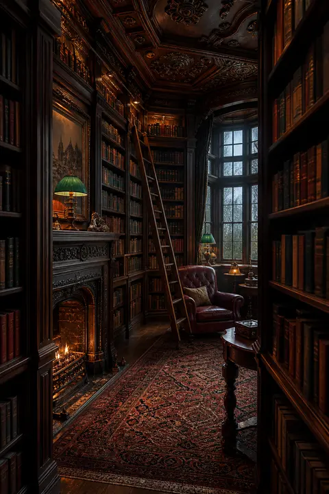 Dark Victorian Library with Rolling Ladder