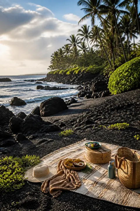 Hawaiian Black-sand Coast with a Picnic Setup