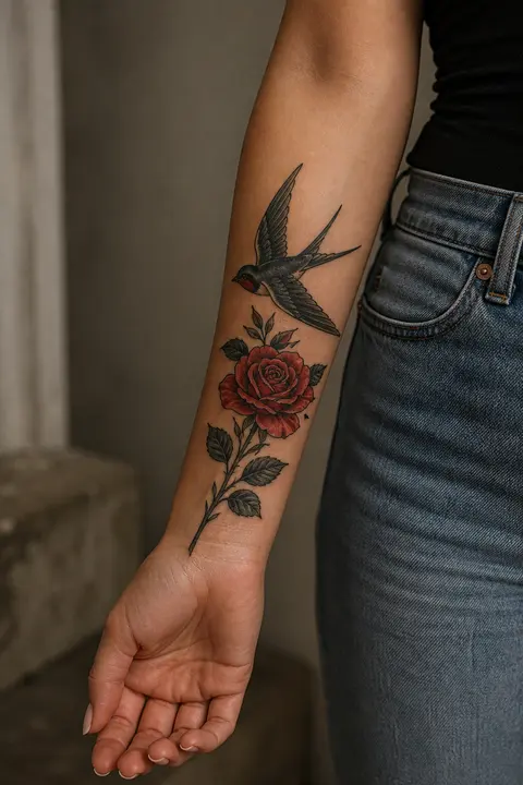 Traditional Swallow and Rose Tattoo on Inner Forearm